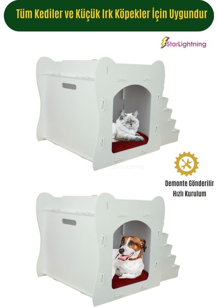Beyaz Ahşap Kedi Yatağı 50x35 cm, Parlak Boyalı Merdivenli Tasarım indirimleri