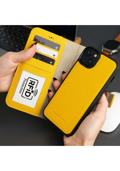 Mıknatıslı Ayrılabilir Cüzdanlı Sarı Renk Kişiselleştirilebilir Apple iPhone 15 Telefon Kılıfı
