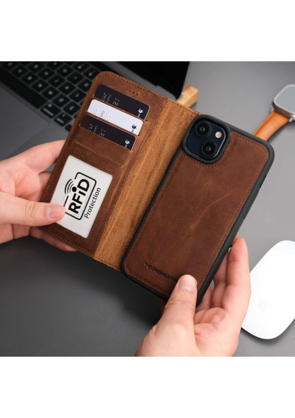 Mıknatıslı Ayrılabilir Cüzdanlı Antik Kahve Renk Kişiselleştirilebilir Apple iPhone 13 Mini Telefon Kılıfı