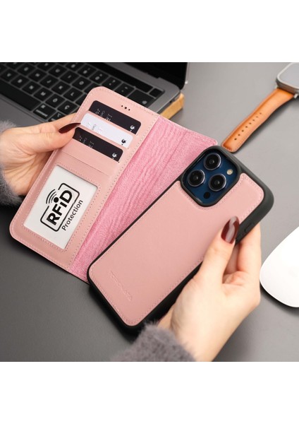 Mıknatıslı Ayrılabilir Cüzdanlı Pembe Renk Kişiselleştirilebilir Apple iPhone 15 Telefon Kılıfı