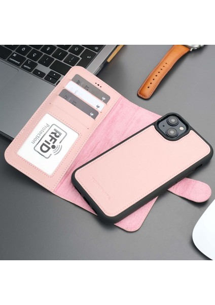 Mıknatıslı Ayrılabilir Cüzdanlı Pembe Renk Kişiselleştirilebilir Apple iPhone 15 Telefon Kılıfı