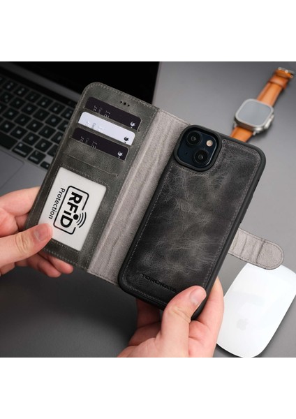 Mıknatıslı Ayrılabilir Cüzdanlı Gri Renk Kişiselleştirilebilir Apple iPhone 15 Plus Telefon Kılıfı