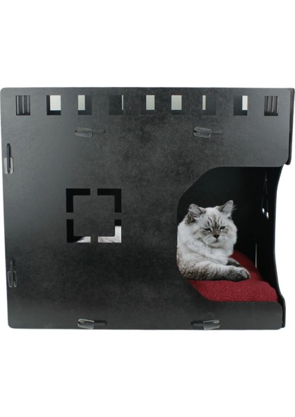 Şık ahşap büyük kedi yatağı, parlak siyah küp tasarımı 50x35 cm