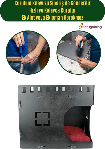 Şık ahşap büyük kedi yatağı, parlak siyah küp tasarımı 50x35 cm modelleri