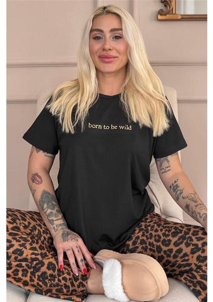 Siyah Born To Be Wild Leopar Desenli Kısa Kollu Örme Kadın Pijama Takımı