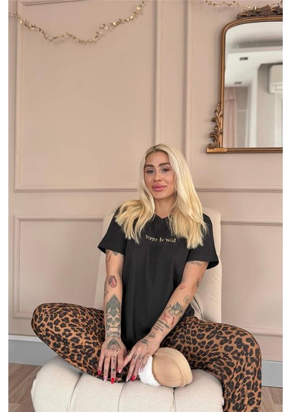 Siyah Born To Be Wild Leopar Desenli Kısa Kollu Örme Kadın Pijama Takımı fiyatları