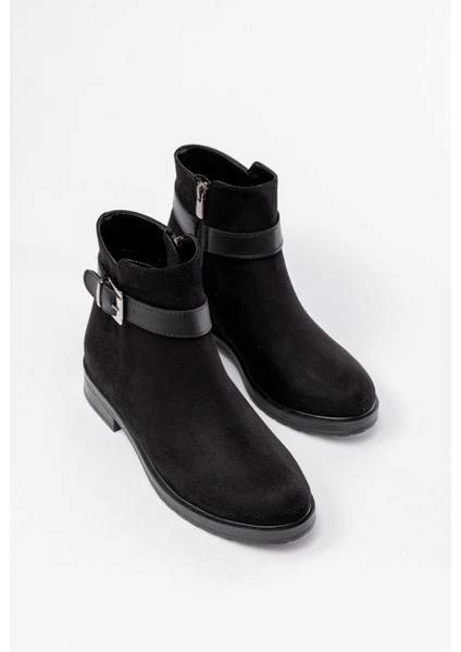 Siyah Süet Toka Aksesuarlı Fermuarlı Günlük Kadın Bot
