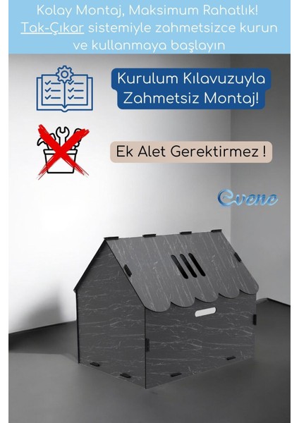 Ahşap büyük kedi evi, siyah mermer detaylı, rahat ve şık tasarım modelleri