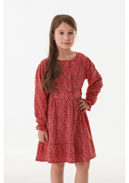 Çiçekli Beli Bağlamalı Önü Düğmeli Kız Çocuk Elbise