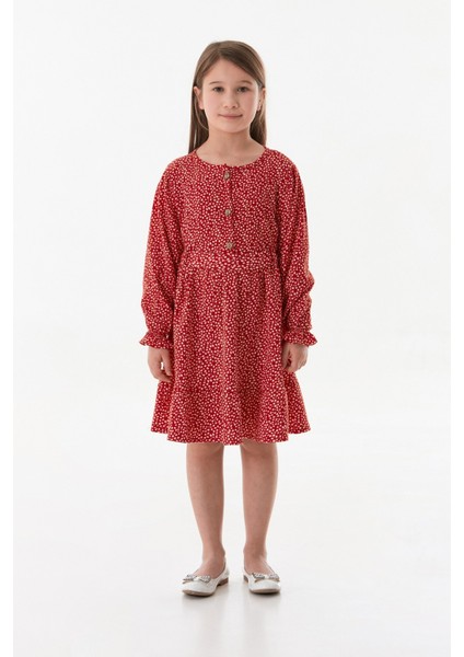 Çiçekli Beli Bağlamalı Önü Düğmeli Kız Çocuk Elbise fiyatları