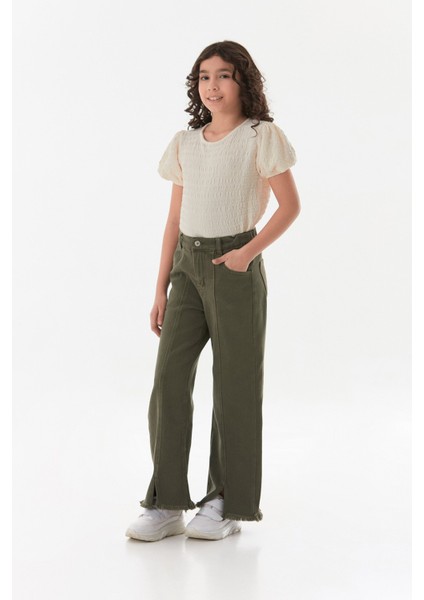 Beli Lastikli Paçası Püsküllü Yırtık Detaylı Kız Çocuk Pantolon