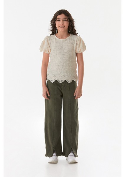 Beli Lastikli Paçası Püsküllü Yırtık Detaylı Kız Çocuk Pantolon indirimleri