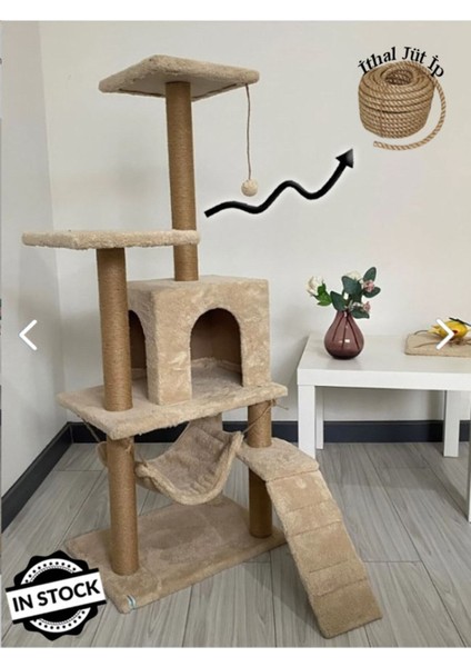 Yuvalı Lüx Kedi Evi - Kedi Tırmalama Evi- Bej