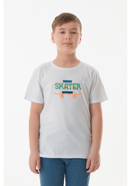 %100 Pamuk Skater Yazı Baskılı Erkek Çocuk Tişört