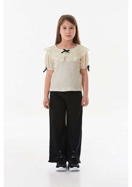 %100 Pamuk Çiçek Nakışlı Paçası Püsküllü Kız Çocuk Pantolon