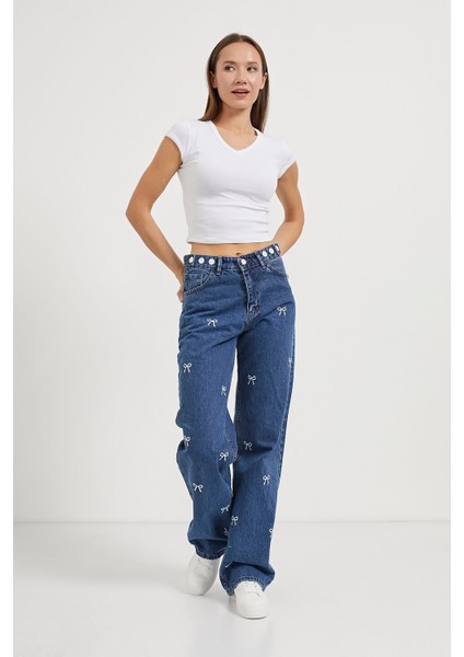 Armalıfe 2090 Fiyonk Nakış Detaylı Straıght Denim Kadın Pantolon