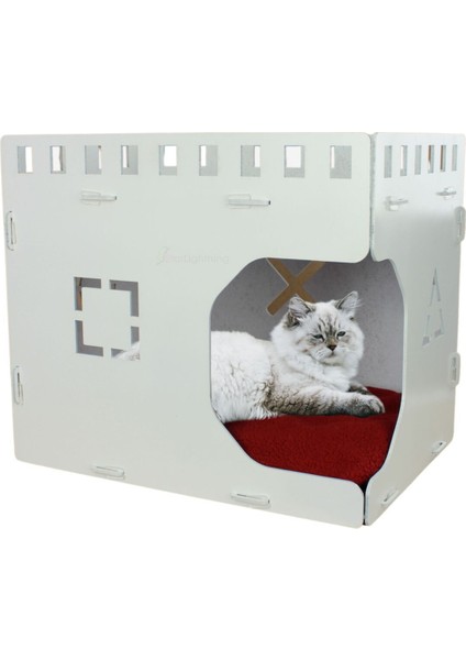 Beyaz Ahşap Kedi Yatağı 50x35 cm Parlak Küp Model Doğal ve Şık Tasarım