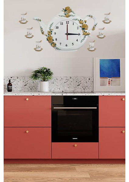 Mutfak Duvar Saati Polyester Çaydanlık ve 6 Bardak - Altın