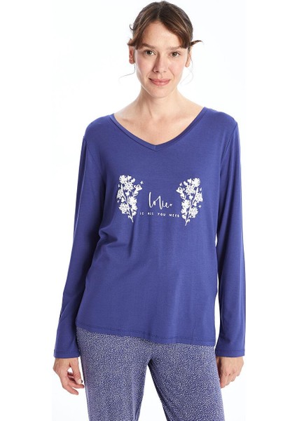 V Yaka Baskılı Uzun Kollu Kadın Pijama Takımı fiyatları