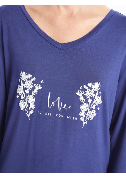 V Yaka Baskılı Uzun Kollu Kadın Pijama Takımı modelleri