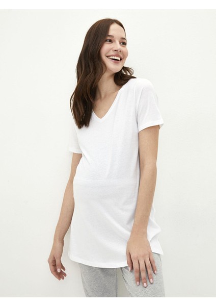 V Yaka Düz Kısa Kollu Pamuklu Hamile Tişört