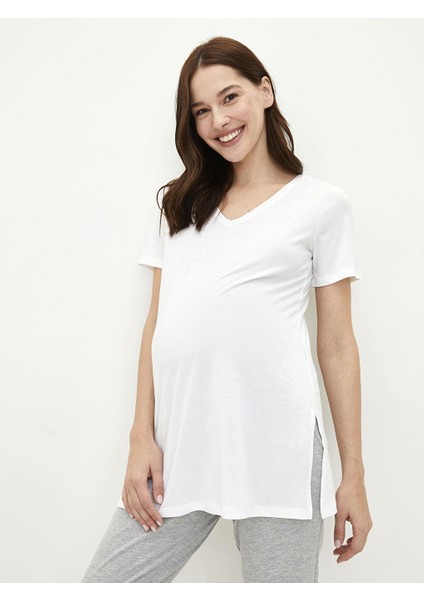 V Yaka Düz Kısa Kollu Pamuklu Hamile Tişört fiyatları