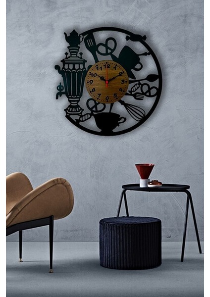 Modern ahşap siyah mutfak ve cafe duvar saati, şık tasarım ve fonksiyonellik sunar