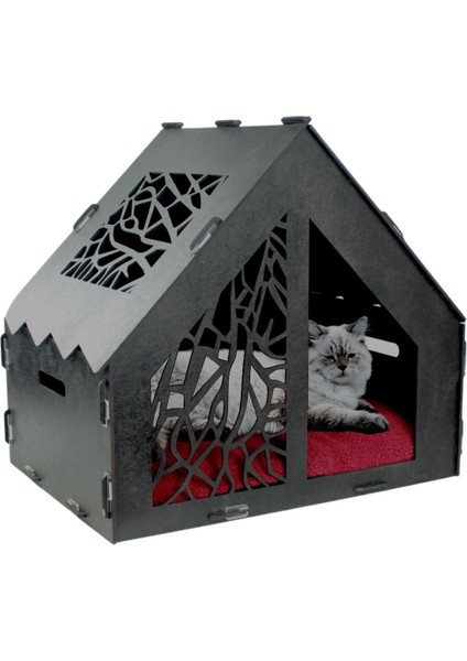 Ahşap Büyük Kedi Yatağı Premium Kalite Siyah Kedi Evi 50x35 cm Parlak Boyalı Seperatör Model
