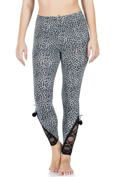 - Dantel Paça Leopar Kadın Tayt 436