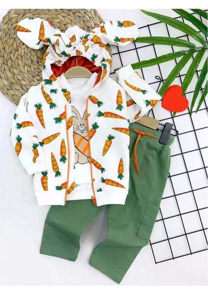 9-12-18-24 Ay Havuçlu Kulaklı Kapşonlu Fermuar Kapamalı 3lü Erkek Bebek Takımı