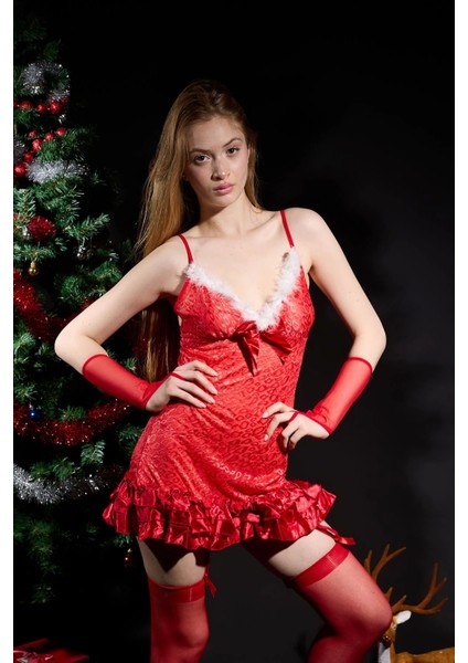 Modlive Kırmızı Jartiyerli Yılbaşı Geceliği
