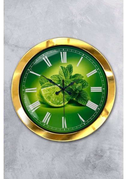 36 cm altın metal limon temalı şık mutfak duvar saati, modern ve zarif tasarım
