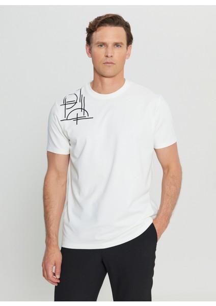 Bisiklet Yaka Baskılı Ekru Erkek T-Shirt ACE091252401_EKR