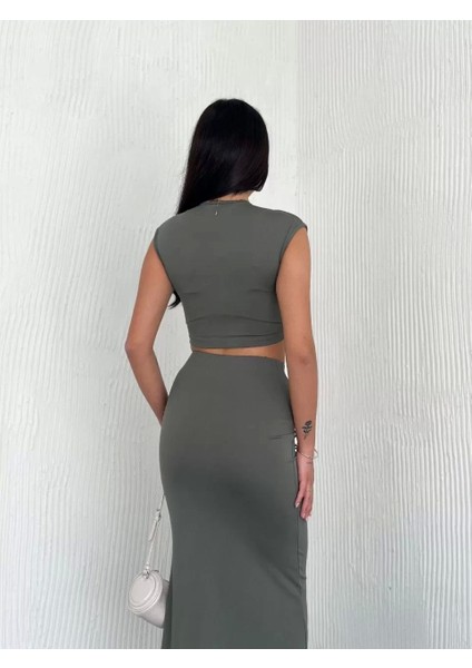 Osy Modal Yumuşak Dokulu Kumaş Büzgülü Crop Etek Takım - Mint Yeşili