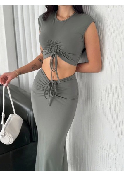 Osy Modal Yumuşak Dokulu Kumaş Büzgülü Crop Etek Takım - Mint Yeşili