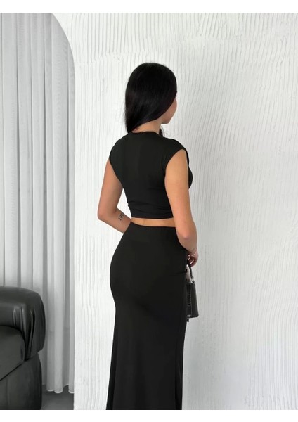 Osy Modal Yumuşak Dokulu Kumaş Büzgülü Crop Etek Takım - Siyah
