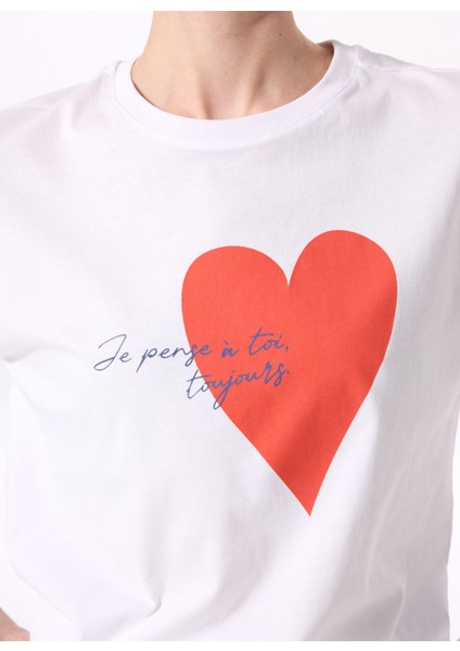 Bisiklet Yaka Baskılı Beyaz Kadın T-Shirt F5SL-TST0424 fırsatları