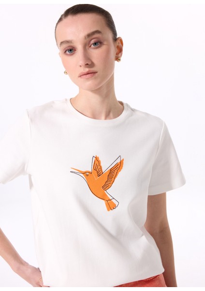 Bisiklet Yaka Baskılı Kırık Beyaz Kadın T-Shirt F5SL-TST0390 fiyatları