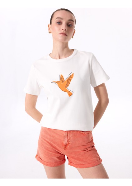 Bisiklet Yaka Baskılı Kırık Beyaz Kadın T-Shirt F5SL-TST0390 fırsatları