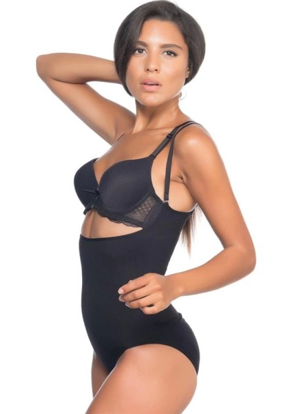 Modlive Siyah Emay 2073 Ince Göğüsü Açık Desenli Body Korse