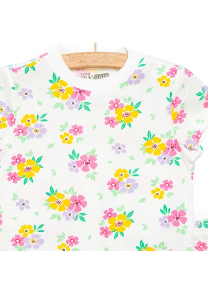 Kısa Kol Çiçek Desenli Bisiklet Yaka Pijama Takımı Kız Bebek