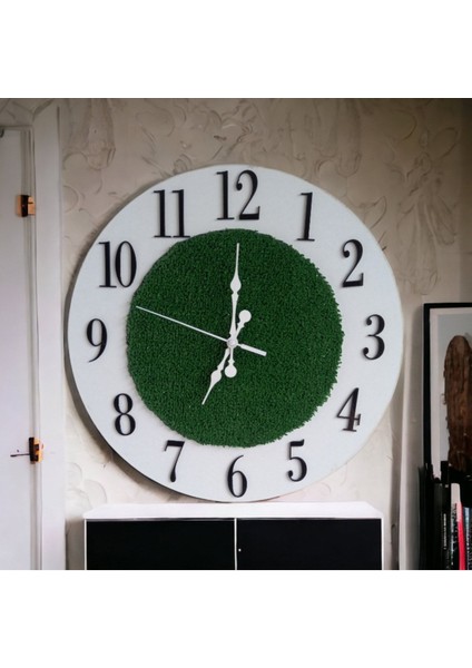 Çimli Ahşap 3D Yuvarlak Duvar Saati, Doğa Temalı, 34 cm, Yeşil Renk