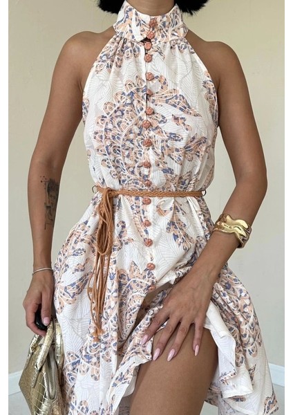 Ekru Halter Yaka Elbise
