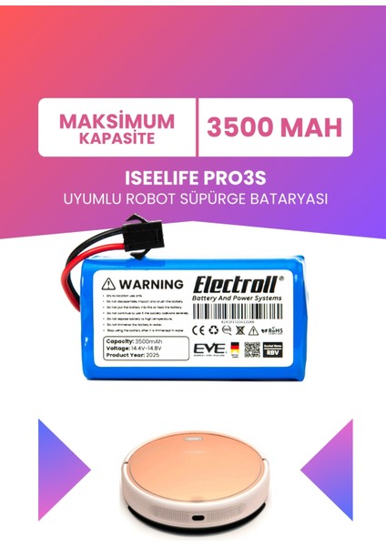 Iseelıfe PRO3S Uyumlu Batarya (Maksimum Kapasite) 3500MAH Pil Robot Süpürge Bataryası