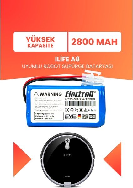 Ilife A8 Uyumlu Batarya (Yüksek Kapasite) 2800MAH Pil Robot Süpürge Bataryası