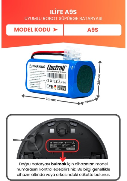 Ilife A9S Uyumlu Batarya (Yüksek Kapasite) 2800MAH Pil Robot Süpürge Bataryası