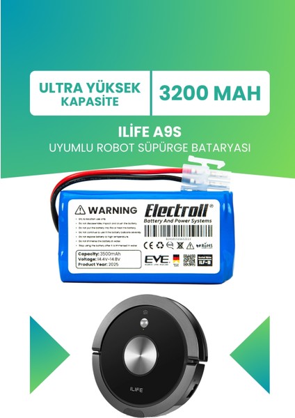 Ilife A9S Uyumlu Batarya (Ultra Yüksek Kapasite) 3200MAH Pil Robot Süpürge Batarya