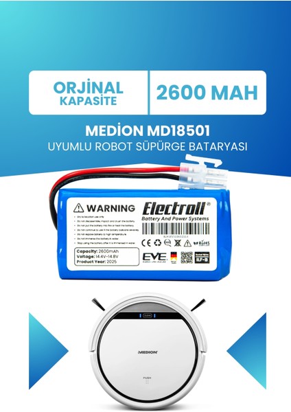 Medion MD18501 Uyumlu Batarya (Orjinal Kapasite) 2600MAH Pil Robot Süpürge Batarya Değişimi