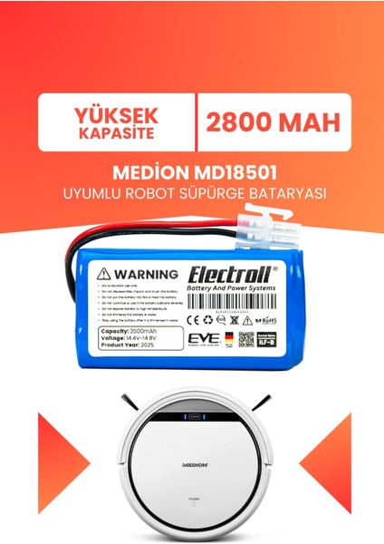 Medion MD18501 Uyumlu Batarya (Yüksek Kapasite) 2800MAH Pil Robot Süpürge Bataryası
