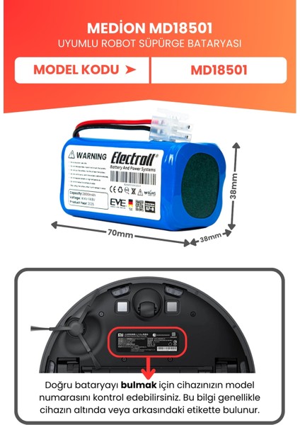 Medion MD18501 Uyumlu Batarya (Yüksek Kapasite) 2800MAH Pil Robot Süpürge Bataryası
